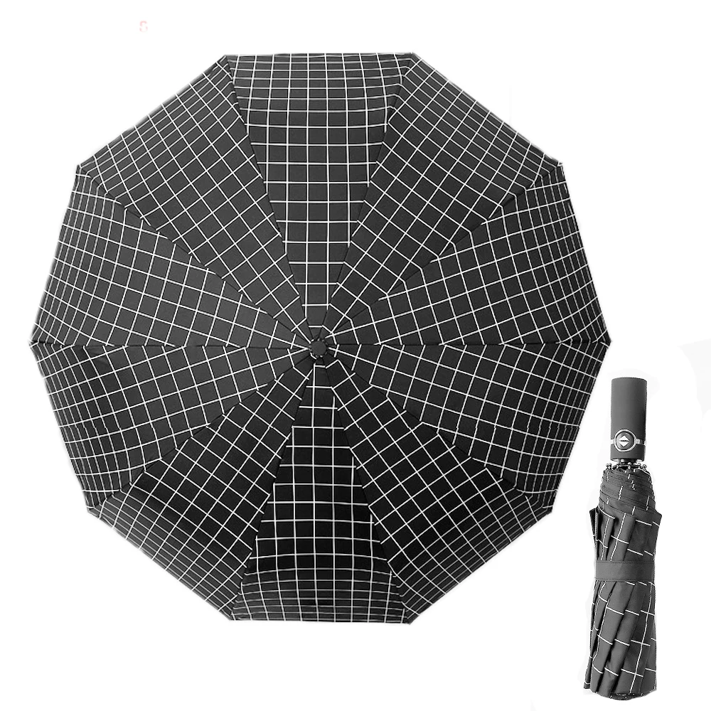 

Black White Checked Automatic Man Women's Folding Umbrella Windproof Black Coating 10K Strong Sunshade Umbrellas