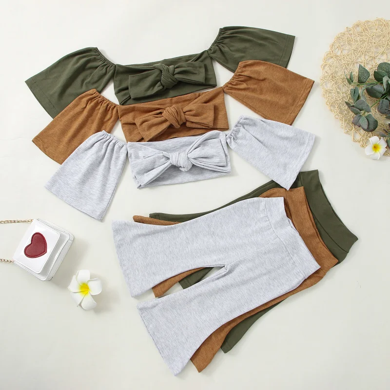 

Комплект одежды для маленьких девочек из 2 предметов, хлопковая однотонная майка с коротким рукавом и бантом + расклешенные штаны, наряды, де...