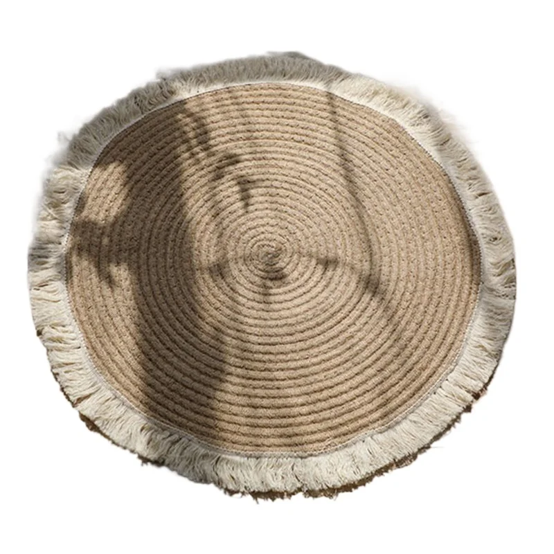 

Floor Mat Cotton and Linen Woven Tassel Rope Woven French Window Carpet Home Stay Decoration Study Teahouse Tea Table Mat Round