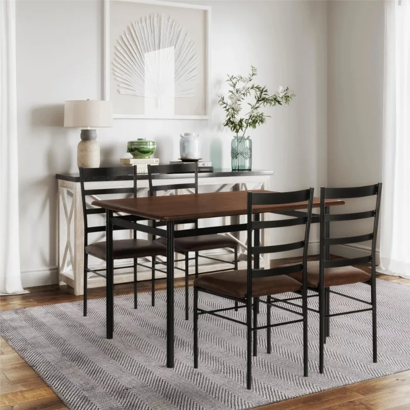 

Mainstays 5-Piece Wood & Metal Dining Set, 4 Person, 30"Height, Walnut & Black kitchen table and chairs dinner table set