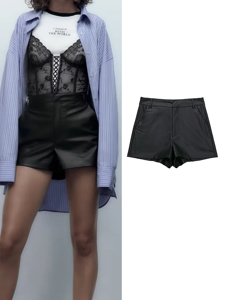 

TRAF Women's Faux Leather Shorts 2022 Vintage A-Line Casual Black High Waist Short Fashion Girls Streetwear PU Short Pants