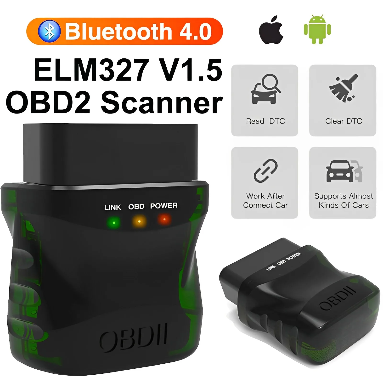 

OBD2 Car Scanner Bluetooth 4.0 ELM327 V1.5 Car Diagnostic Tool for IOS Android 2 In 1 Code Reader Clear Error Check Engine Light