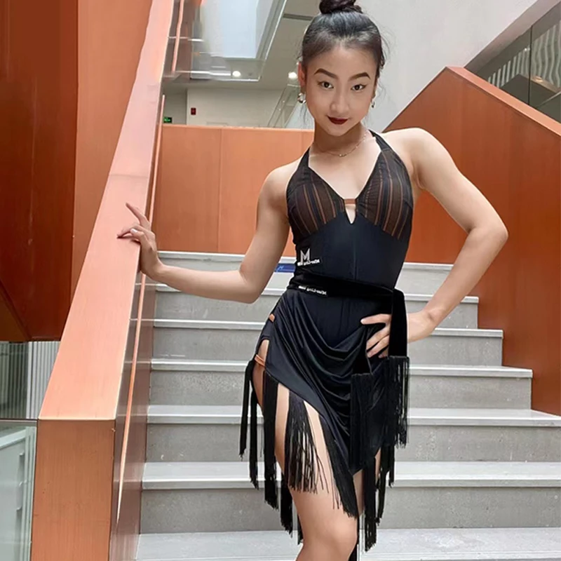 

Одежда для латиноамериканских танцев, женская летняя тренировочная одежда, черные топы, юбка с бахромой, для взрослых, платье для ча-румбы, DNV17416