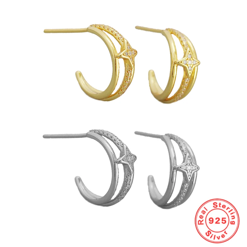 

Japanese and Korean Three-layer C-type 925 Sterling Silver Stud Earrings Female INS Metal Wind star Zircon Fine Trendy Earrings
