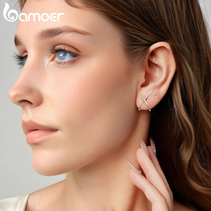 Фото Серьги Bamoer X, 100% стерлинговое серебро 925, золотые серьги-гвоздики, минималистичные изящные гипоаллергенные серьги для женщин, ювелирные изделия на день рождения, подарки №2