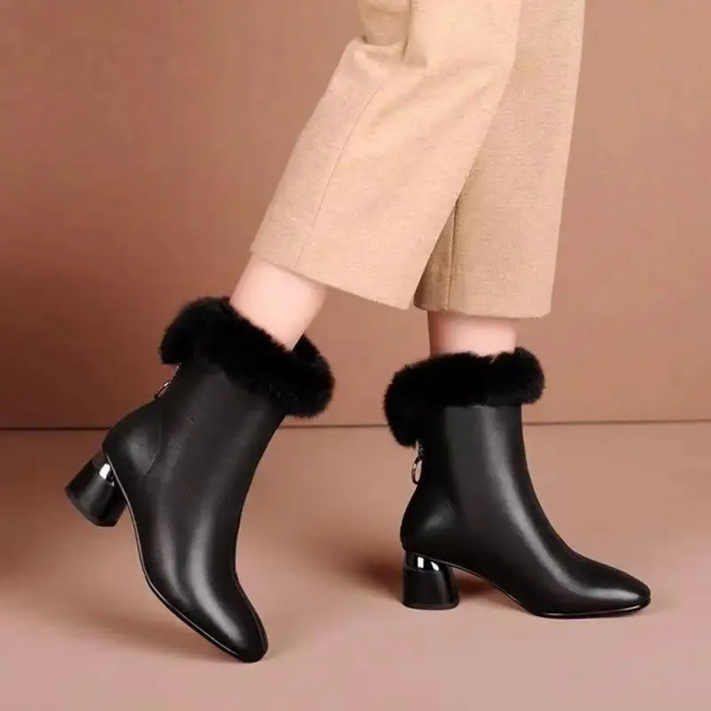 Boots Women Faux Leather Shoes For Winter Boots Plush Shoes Women's Casual PU Leather Botas Mujer Female Mid Calf Boots