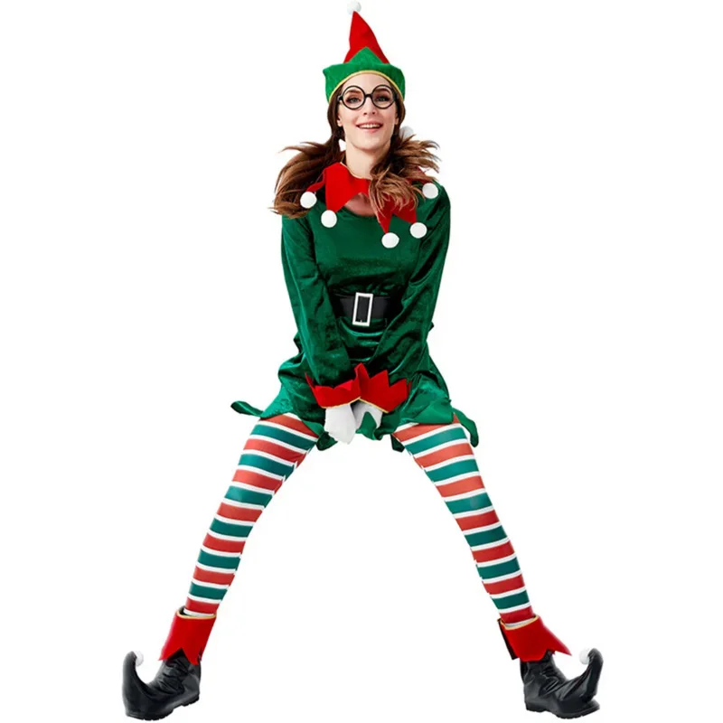 

7Pcs Set Adult Women Santa claus Green Elf Christmas Costumes New Year Xmas Party Cosplay Fancy Dress
