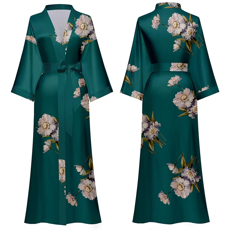Bata larga de satén para mujer, Kimono Sexy con estampado de flores verdes, albornoz informal para el hogar, primavera y verano