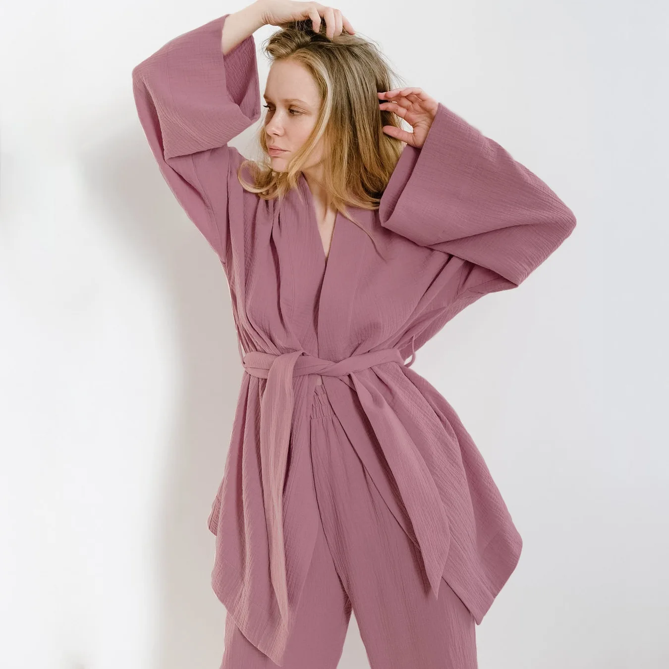 BKQU 100% Cotton Women's Nightgown Robe Pajama Sets Flare Trouser Suits Drop Sleeves 2 Pieces Bathrobe For Women Sleepwear