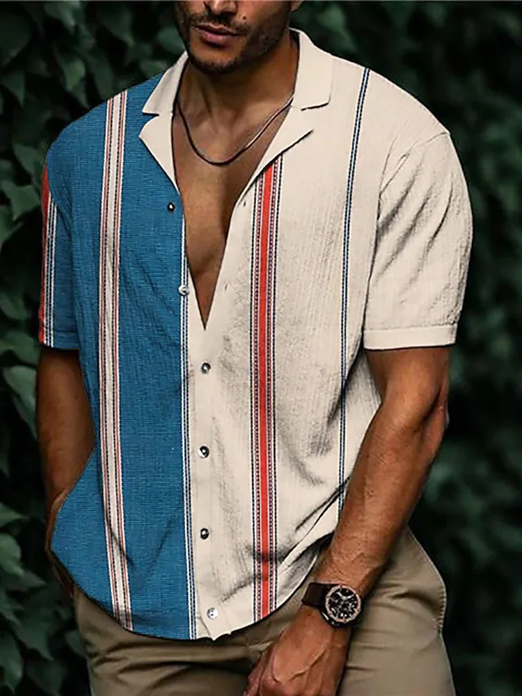 

Рубашка мужская в полоску, винтажная пэчворк, с коротким рукавом, отложным воротником и пуговицами, Повседневная Уличная одежда, лето