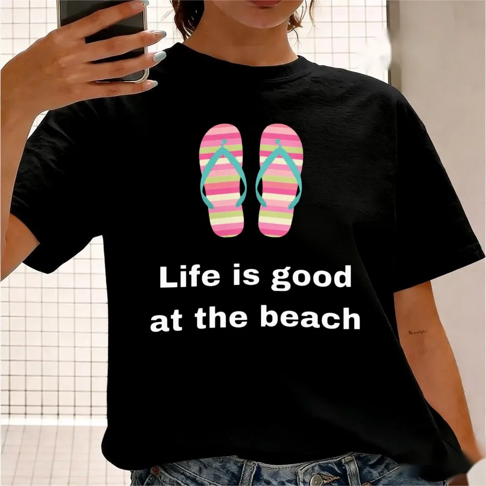 Фото Футболка с графическим принтом Life Good At The Beach Flip Flop, рубашка с принтом в стиле Preppy Coastal Vibe, повседневная футболка для летнего отдыха, женские хлопковые топы №2