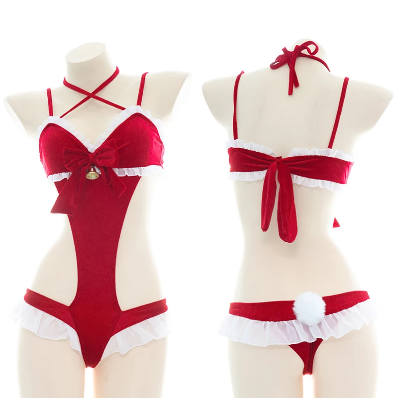 

Red Christmas Cosplay Costumes Sweet Lolita Bonkow Hollow Out Ruffle Bikini JK Sukumizu Rabbit Girl Lingerie SetXmas Suit