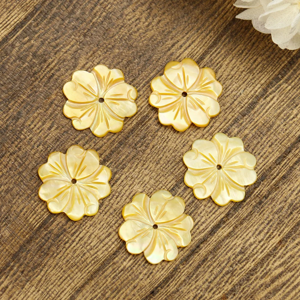 

5PCS Middle Hole Five-petal Flower Yellow Mother of Pearl Shell Flower Piece Brooch Necklace Pendant Jewelry Making Accessories