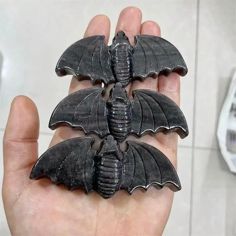 

8CM Natural Silver Obsidian Bat Wings Crystal Carving Crafts Healing Energy Lucky Stone Home Decoration Birthday Gift 1pcs