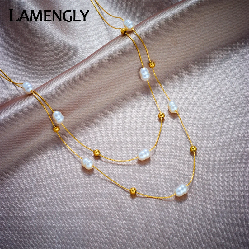 

LAMENGLY 316L Stainless Steel Multilayer Pearl Beads Necklace For Women Girl Fashion 2in1 Chains Anti-rust Jewelry Gift Party