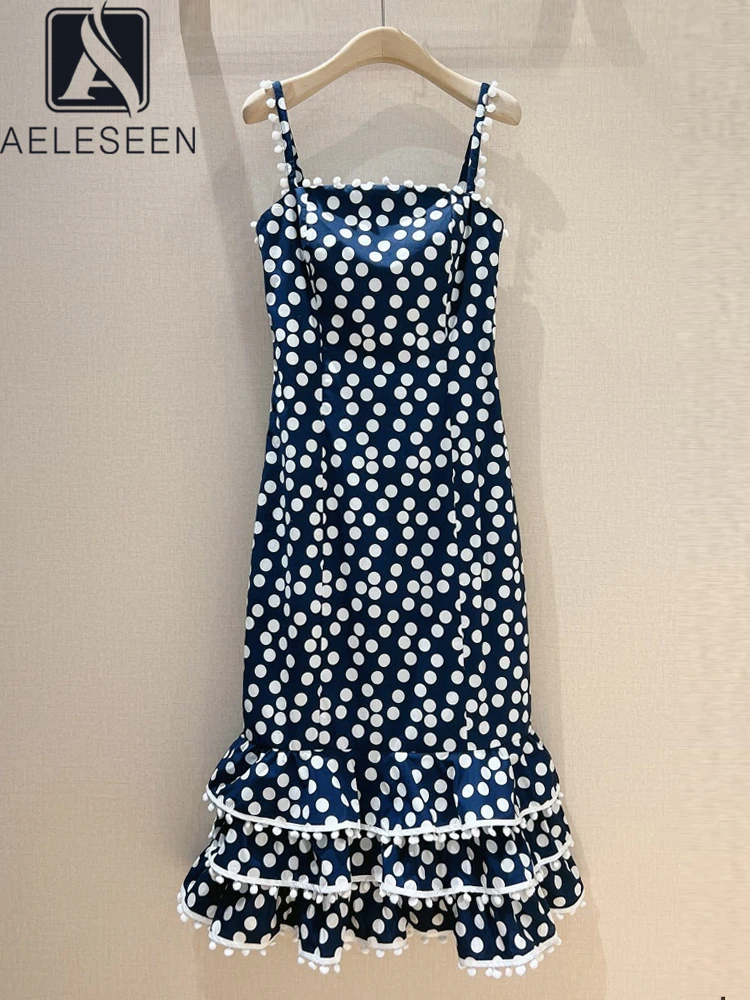 

AELESEEN Fashion Designer Women 100% Cotton Dress 2023 Summer Spaghetti Strap Dots Print Ruffles Slim Elegant Long Trumpet
