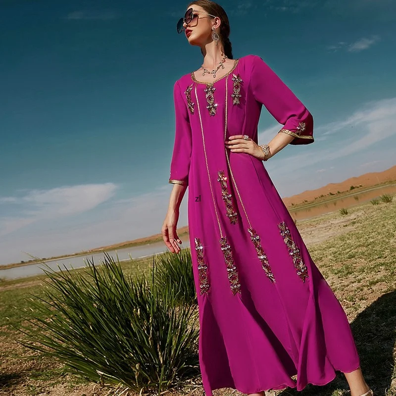 Rose Red Hand-Stitched Diamond Vintage Ethnic Dress for Women Gold Ribbon Ruffled Hem Dubai Moroccan Caftan Arab Robe