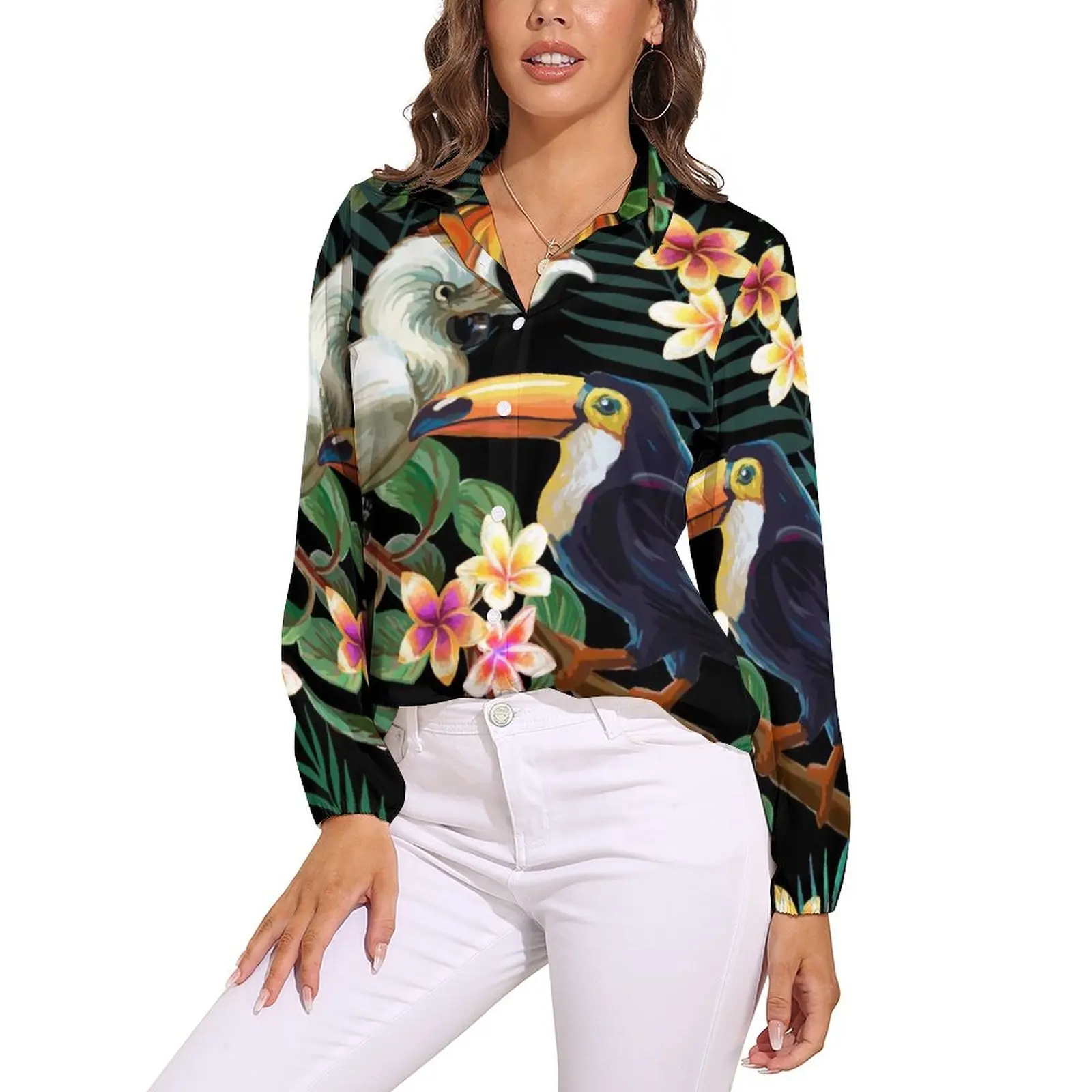 

Palm Leaves Forest Blouse Floral Birds Print Cute Graphic Blouses Women Long Sleeve Street Fashion Shirt Summer Oversized Tops