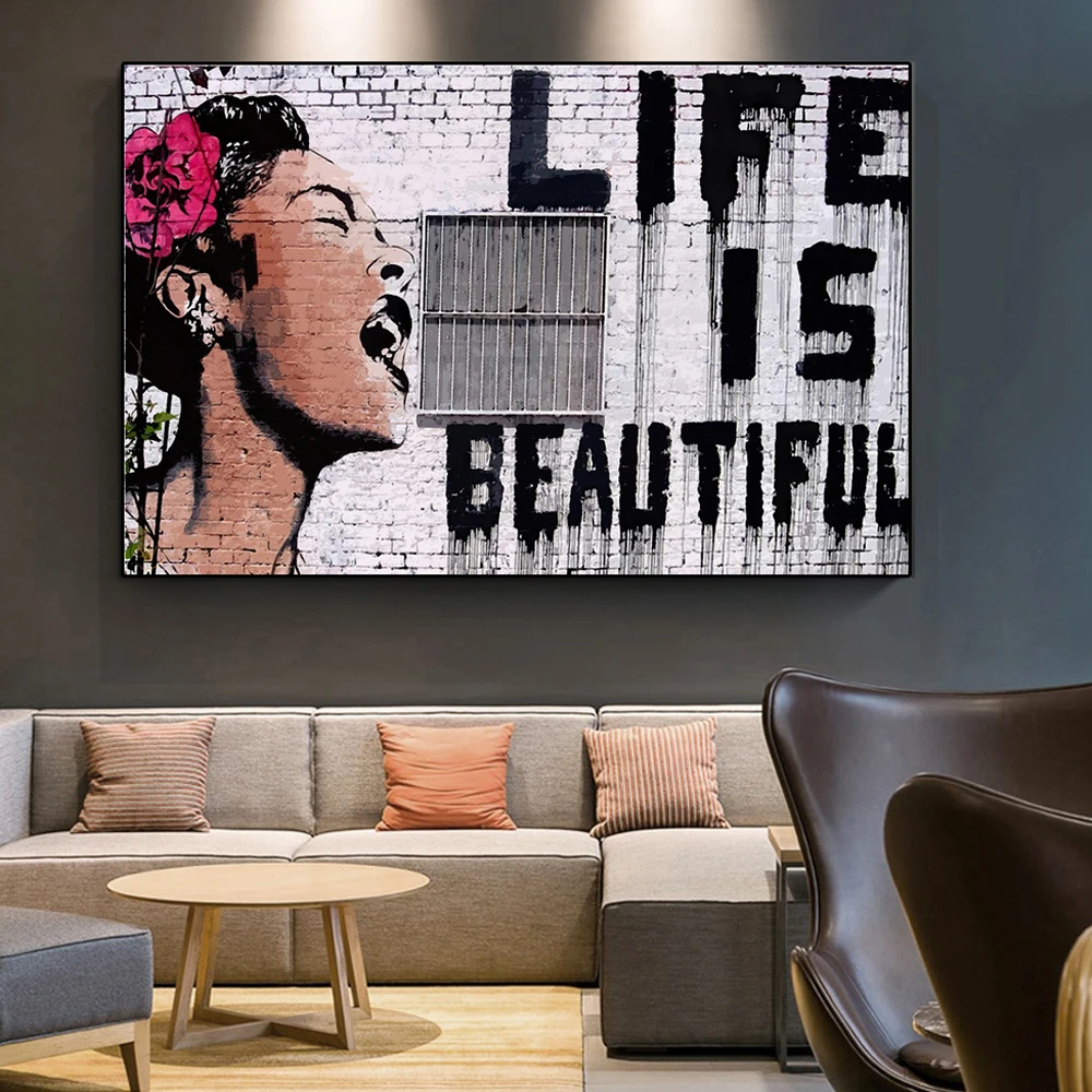 

Banksy Street Graffiti Women Wall Art Life is Beautiful Poster Modern Canvas Painting Print Picture for Living Room Home Decor