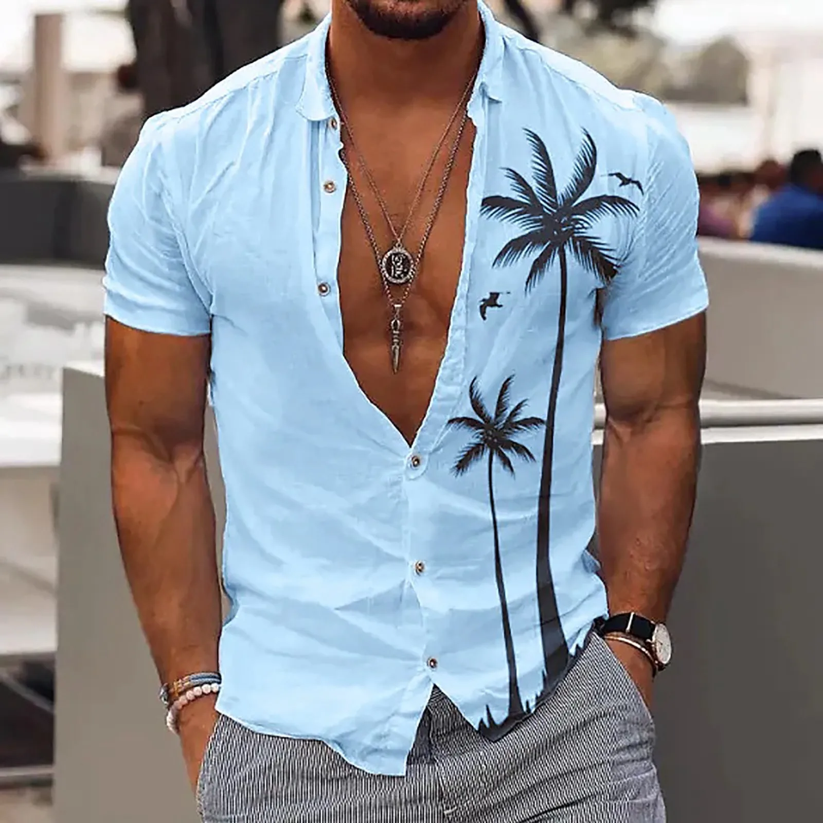 

Мужская пляжная рубашка на пуговицах, голубая Классическая рубашка с цветочным принтом, с тропическим принтом, для отдыха, весна-осень 2019