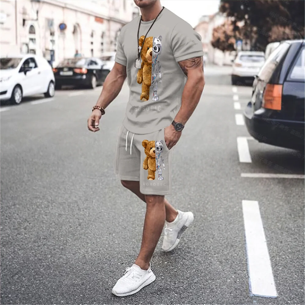 2023 Summer New Men's Round Neck Casual 3D Printed Bear T-shirt, Lace-up Shorts, Casual Sportswear Suit