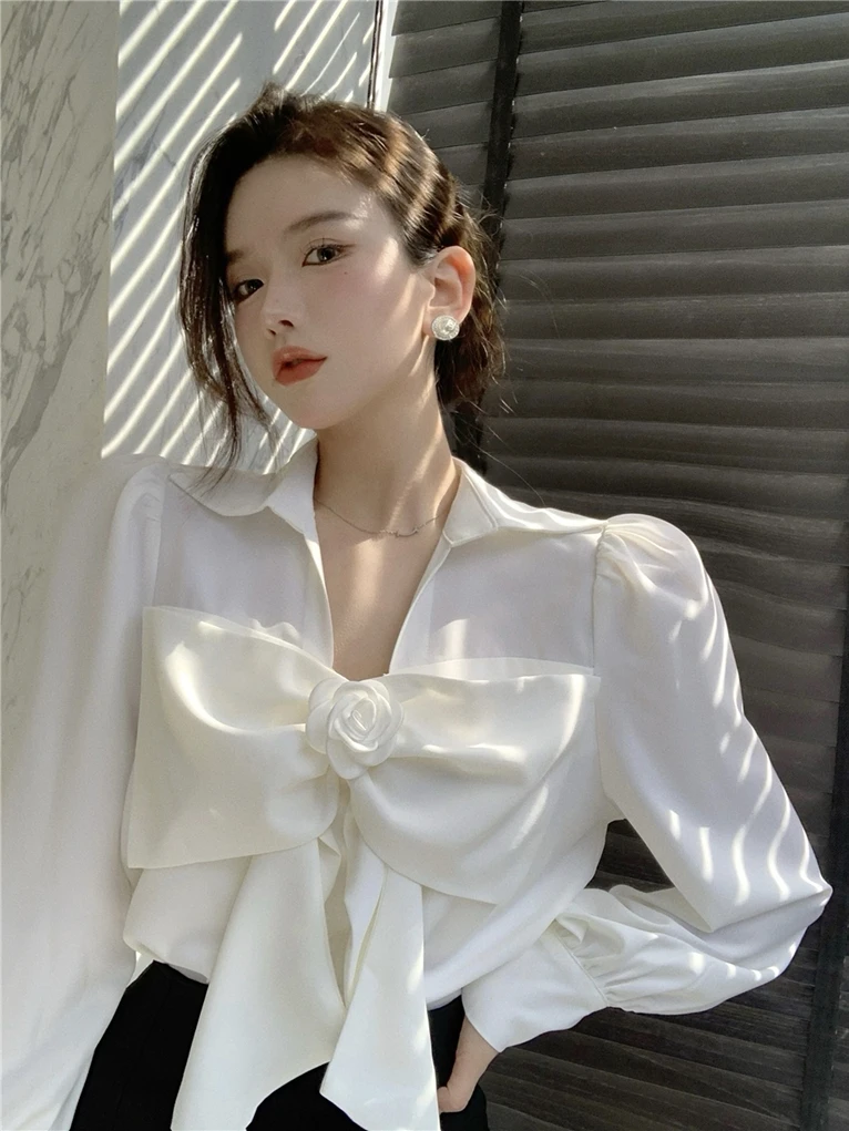 Shirts Women Design Sense Bow White Long sleeve Shirt Chubby Girl Plus size New French sle Chic Top Fashion