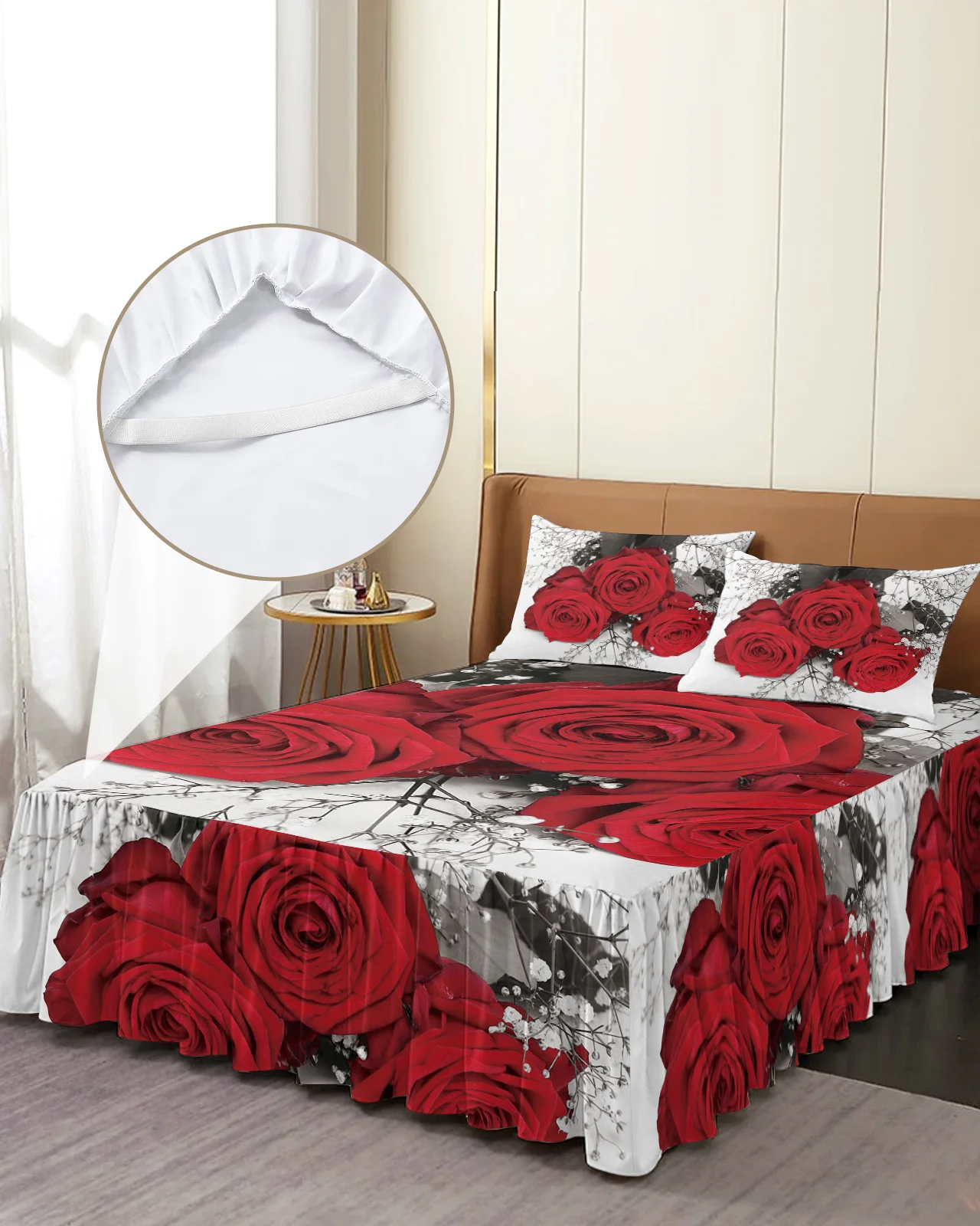

Винтажная постельная юбка с красными цветами розы, эластичное покрывало с наволочками, протектор для кровати, наматрасник, Комплект постельного белья, простыня