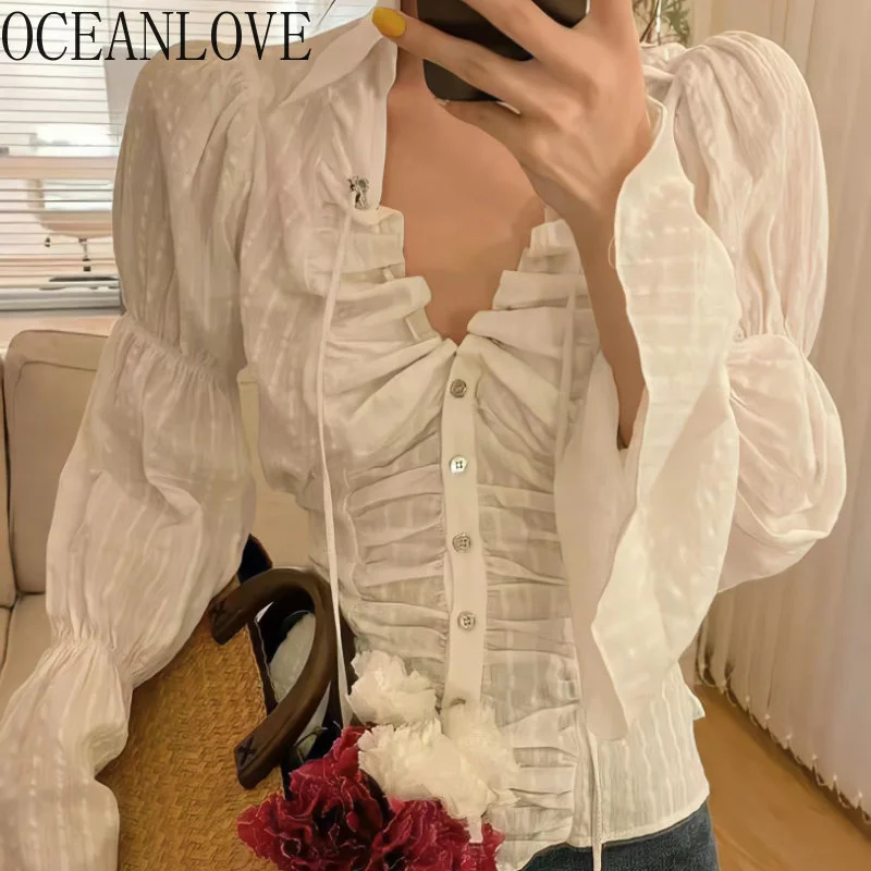 

V Neck Women Shirts Rules Pu Sleeve Solid Spring Summer Blusas Mujer Korean ashion Vintage Elegant Blouses