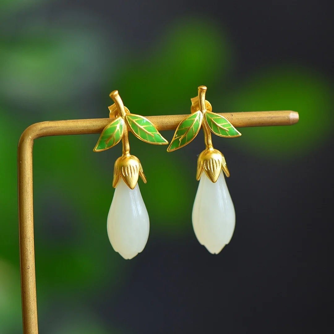 

2574-6 # милые женские эмалевые серьги в виде орхидеи из белого нефрита S925 чистого серебра Чонсам из натурального нефрита