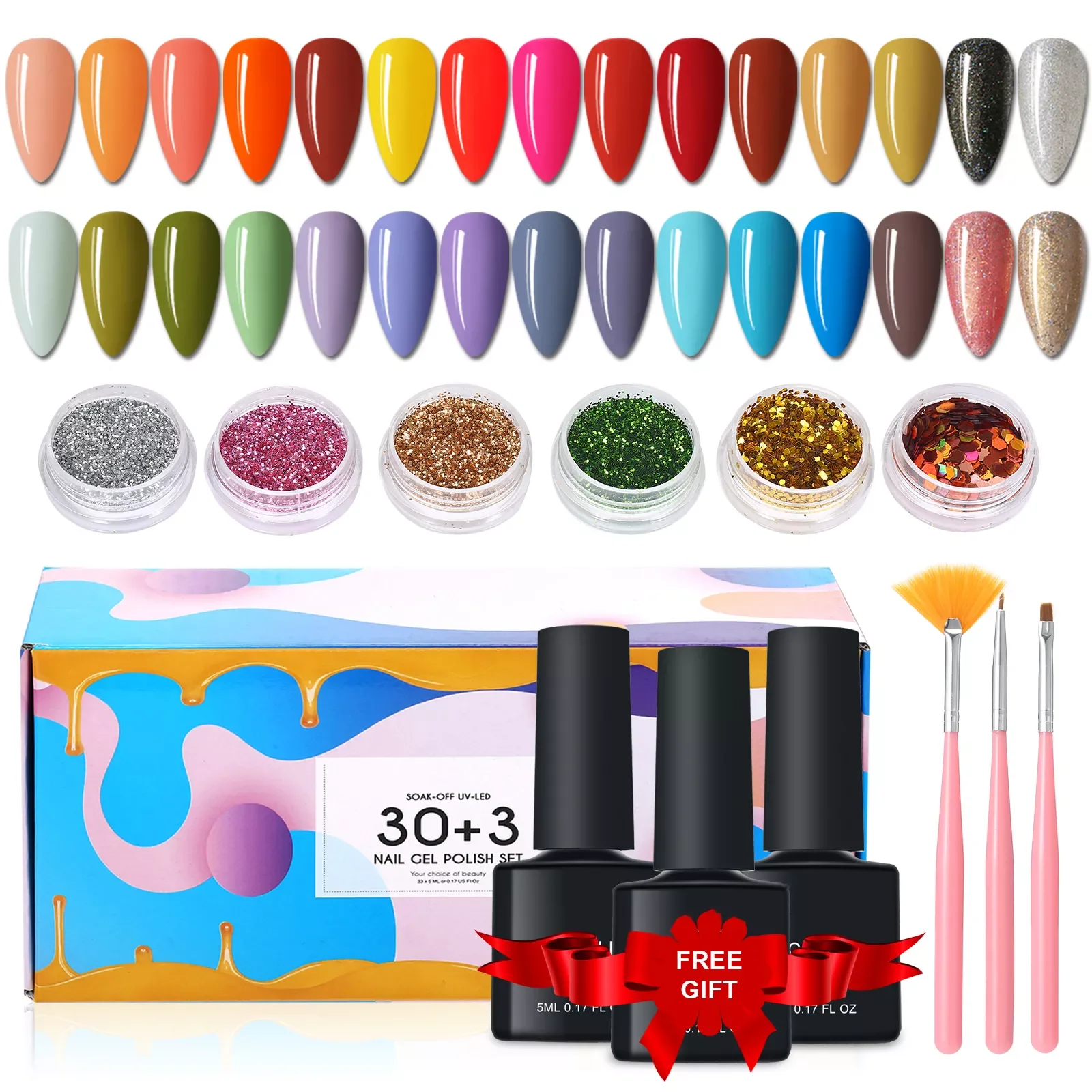 

NEW2023 43Pcs Gel Nail Polish Kit Nail Polish with 1 Base Coat 1 & 1 Matte Top Coat 3 Brushes 6 Colors Glitter Soak Off Gel