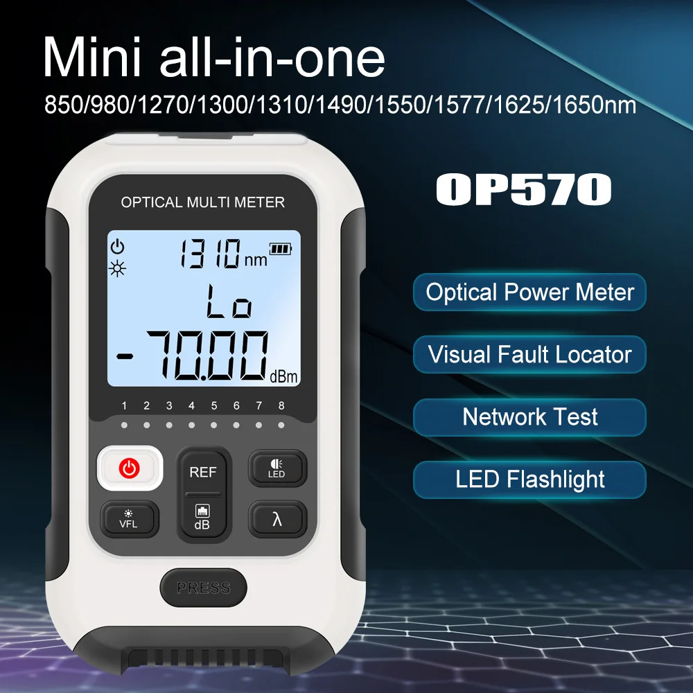 

Тестер оптоволоконного сетевого кабеля 4 в 1 OP570, перезаряжаемый оптический измеритель мощности-70 ~ + 10 дБм, Визуальный дефектоскоп 10-50 мВт VFL FTTH OPM