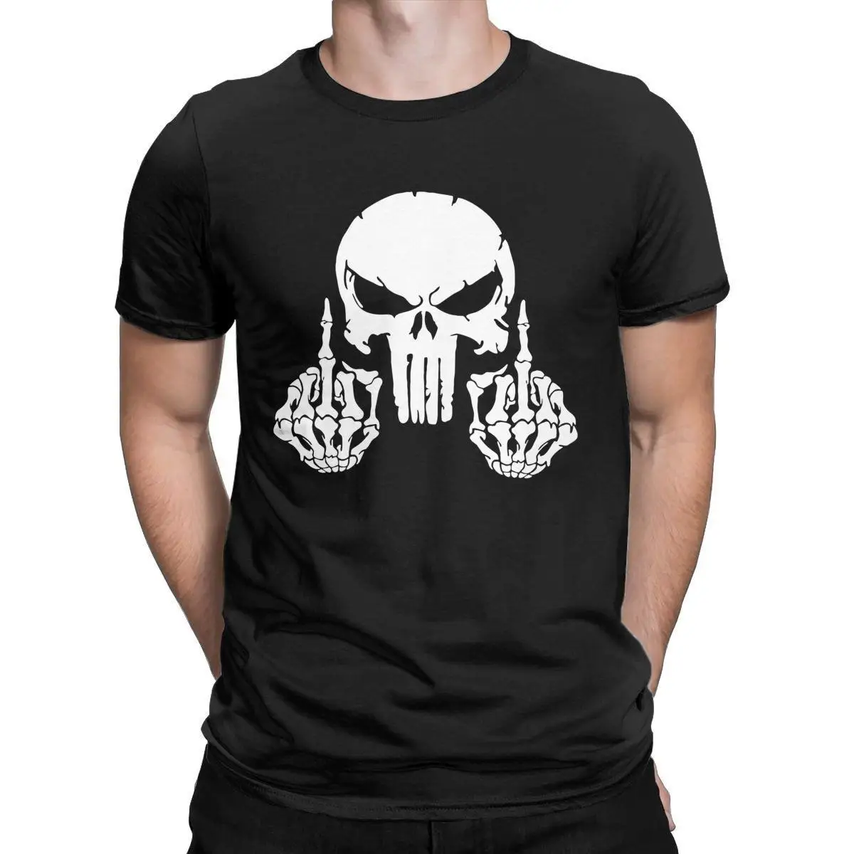 Men's Tactical Skull With Middle Fingers T Shirts 100% Cotton Tops Vintage Short Sleeve Crewneck Tee Shirt T-Shirts