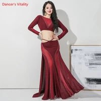autumn and winter womens long sleeved belly dance suit mesh stitching split skirt performance practice dance dress stage suit