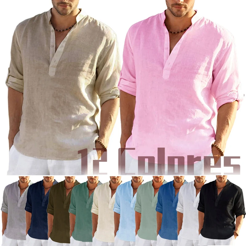 T-Shirt à manches longues en lin pour homme  ample  décontracté  en coton  couleur unie  nouvelle