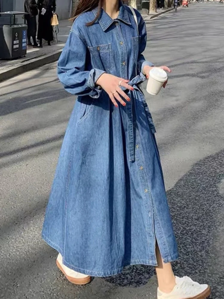 [EWQ] Винтажное модное однобортное джинсовое платье на шнуровке элегантное