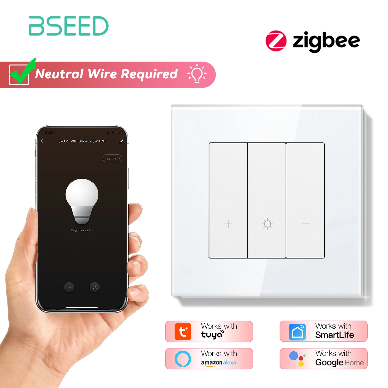 Умный диммер BSEED Zigbee 1 Gang стеклянный