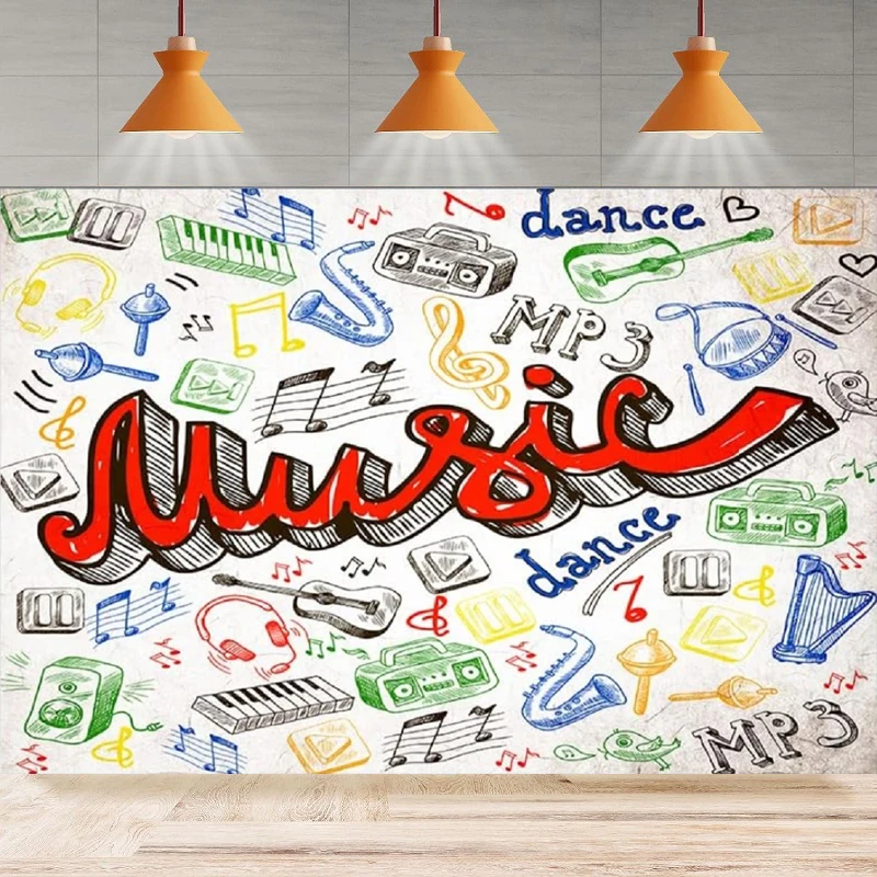 Фон для фотосъемки в стиле поп-музыки с изображением рок-гитары и музыкальных