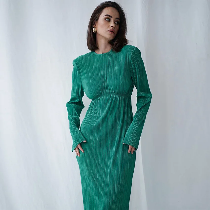 

Зимнее зеленое женское платье с круглым вырезом, элегантные облегающие платья миди с длинным рукавом, женское повседневное плиссированное платье на новый год 2022