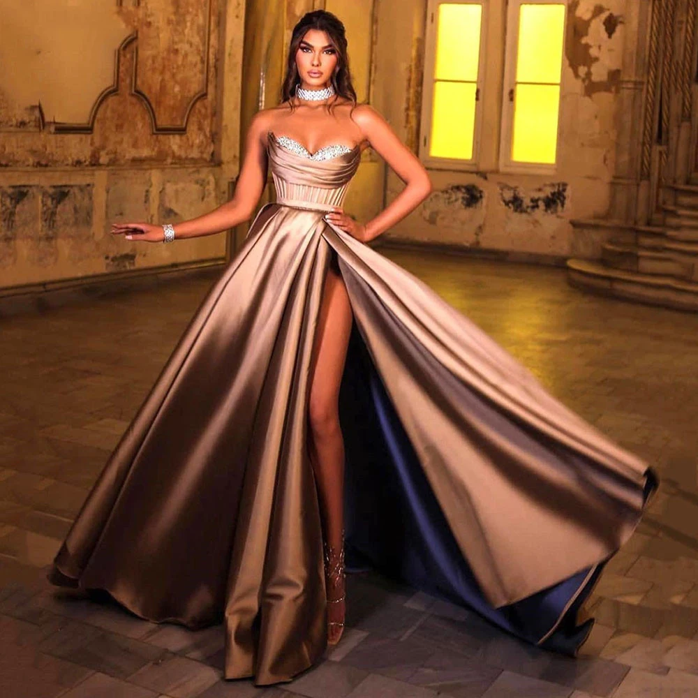 

Elegant Sparkling Beads Prom Dressses Satin Women Sweetheart A-Line Gowns Side Slit Formal Party Dress Pleated Wedding Bridesmai
