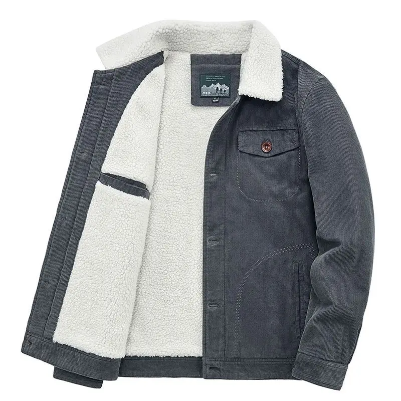 New Winter Men's Jackets Fur Lined Coat Thickened Corduroy Retro Lamb Wool Jacket Cotton Coat Warm Oversize