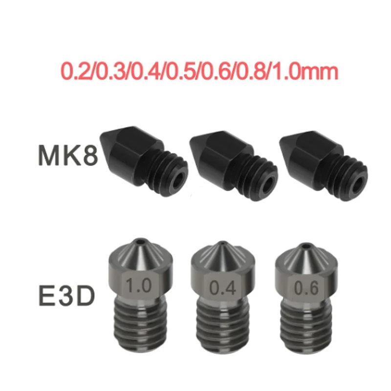 

3D Printer Parts Reprap MK8 Hardened Steel Nozzle E3D Nozzle 1.75mm 0.4/0.6/0.8mm for MK8 Ender 3 CR10 CR10S Hotend Kit 1/2PCS