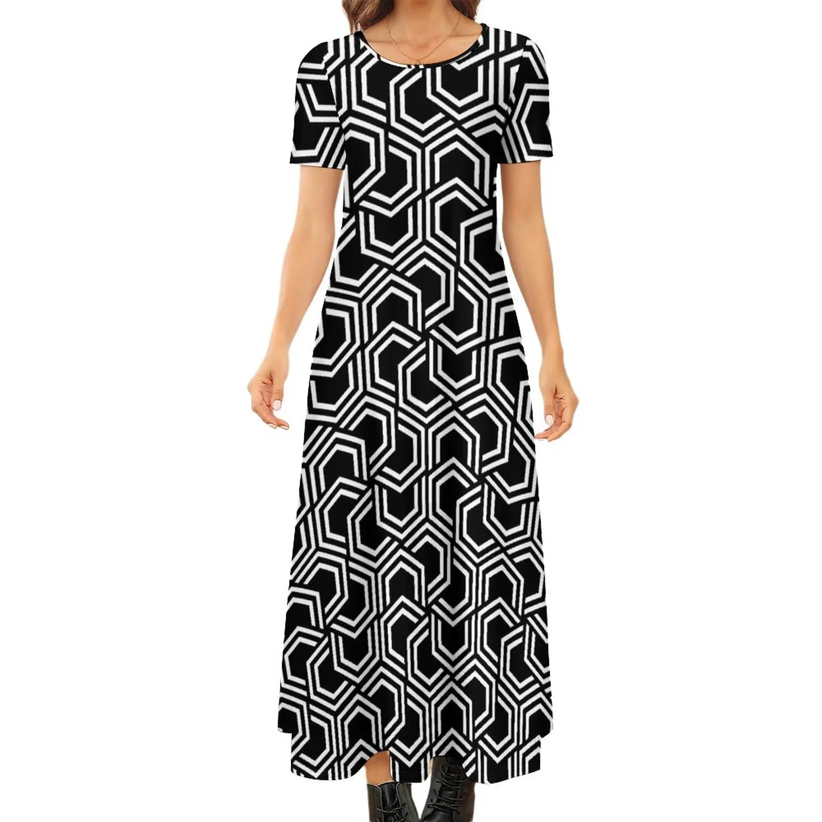 

Geo Print Dress Lady 1960s Two Tone Aesthetic Bodycon Dress Spring Short Sleeve Night Club Maxi Dresses Custom Big Size Vestidos