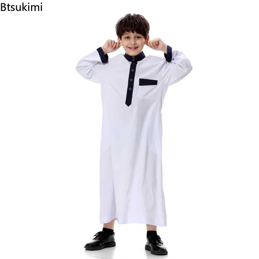 Boy Kids Muslim Saudi Arab Boys Robe Kids Abaya Kaftan Prayer Islam Clothing Long Sleeve Thobe Middle East Teenage Dress Dubai