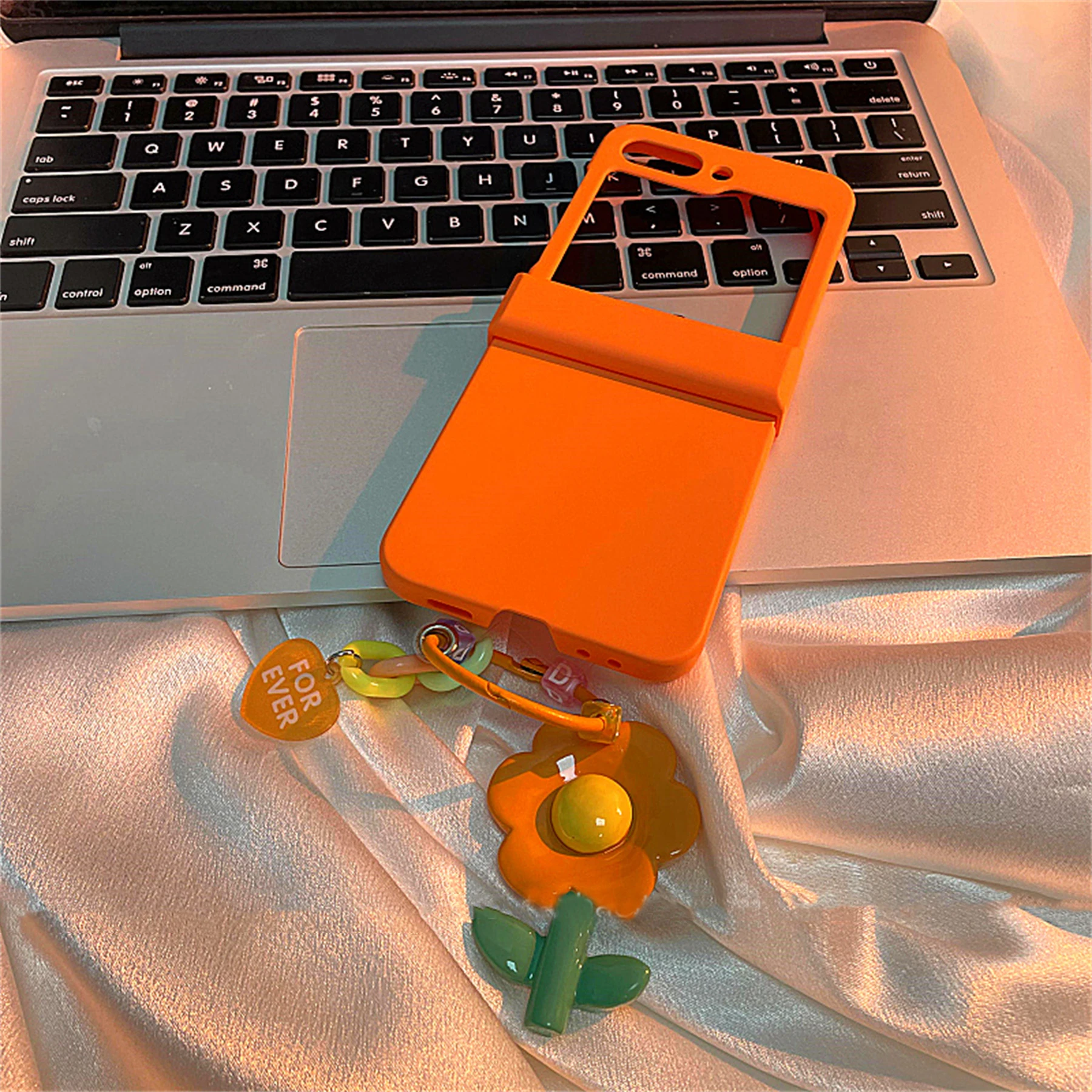 

Fresh Korean Cute Portable 3D Flower Ring Pendant Orange Case for Galaxy Zflip3 5G Z Flip5 Flip4 Zflip5 Shockproof Cover Funda