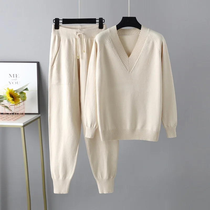

2023 Autumn Winter Women’s V Neck Sweater Two Piece Set Female Knitted Pants Suits Fashion Casual Pullover Tracksuits Outwear