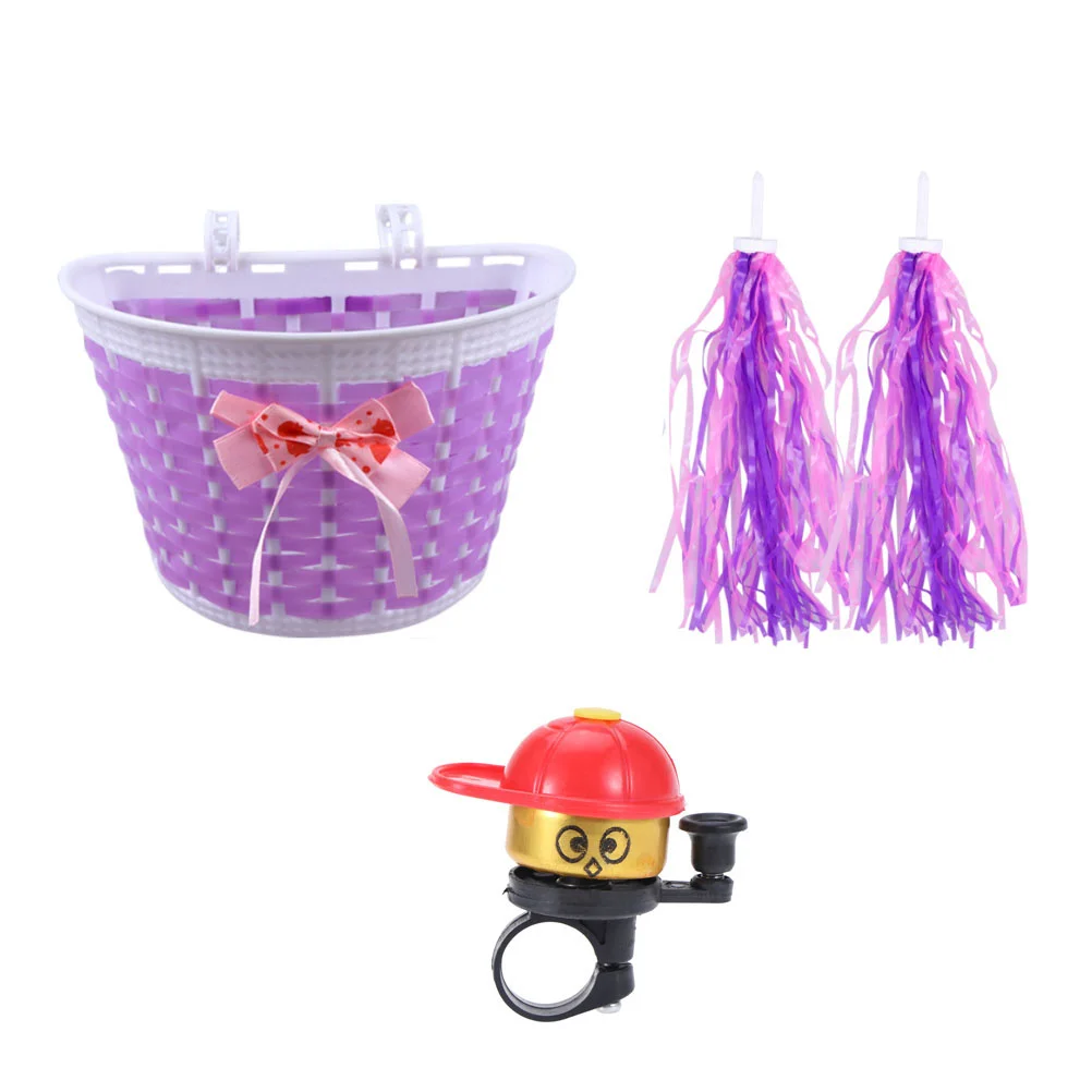 

Bike Basket Front Handlebar Basket Detachable Removable Easy Install Quick Released Basket with Bike Bell and Purple Streamers