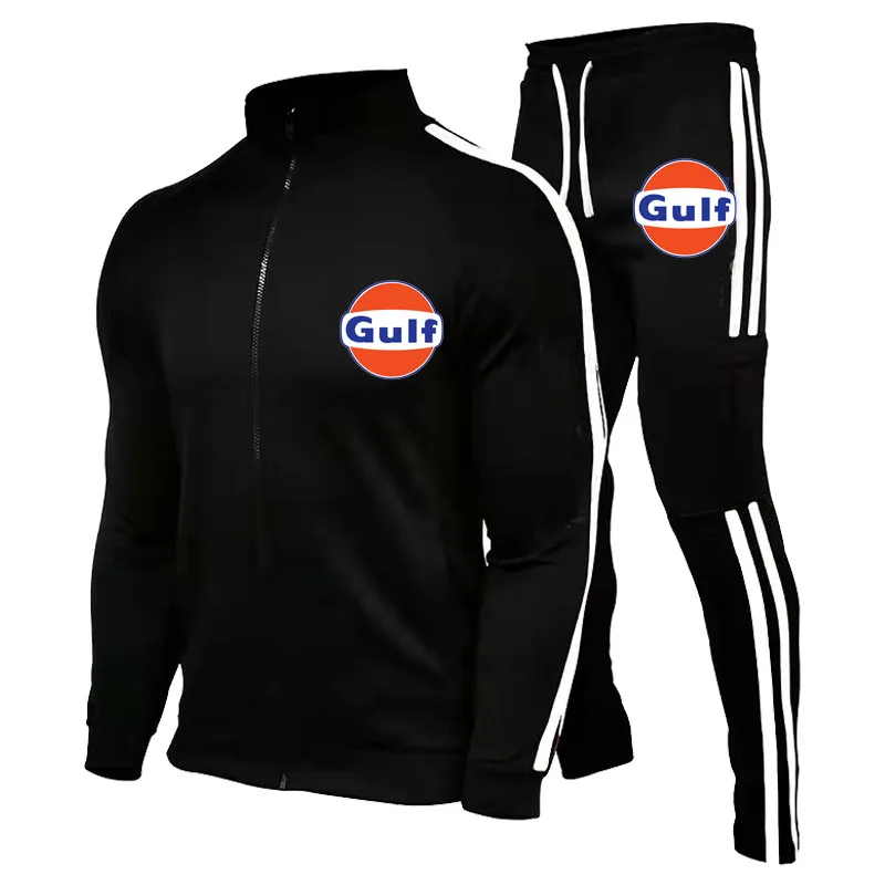 

New spring and autumn menswear GULF car logo printed cotton menswear casual suit jacket + trousers two-piece suit