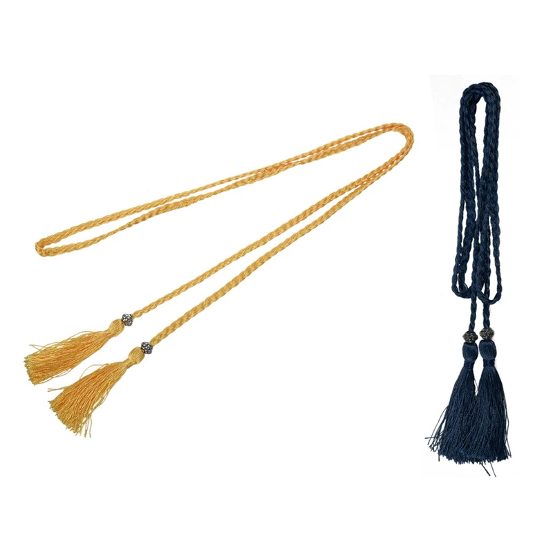

ASDS-2PCS Woven Tassel Belt Knot Decorated Waist Chain Waist Rope, Gold & Navy Blue