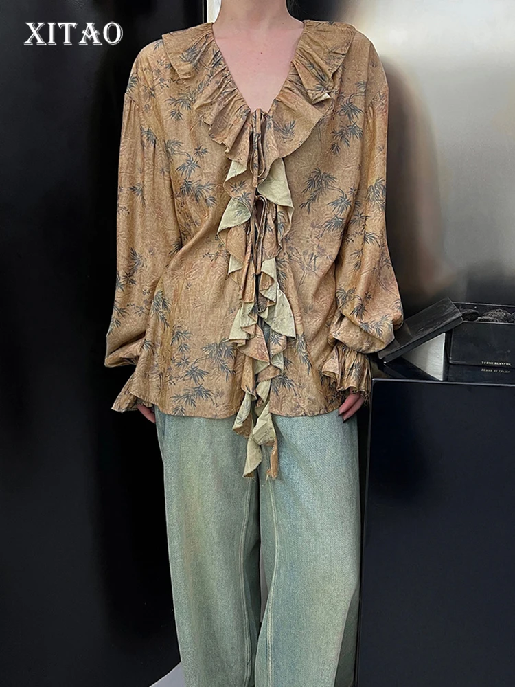 

XITAO Ruffle Blouse Print Pattern Full Sleeve Single Breast Goddess Fan Casual Style 2023 Summer Elegant Loose Shirt WLD13751