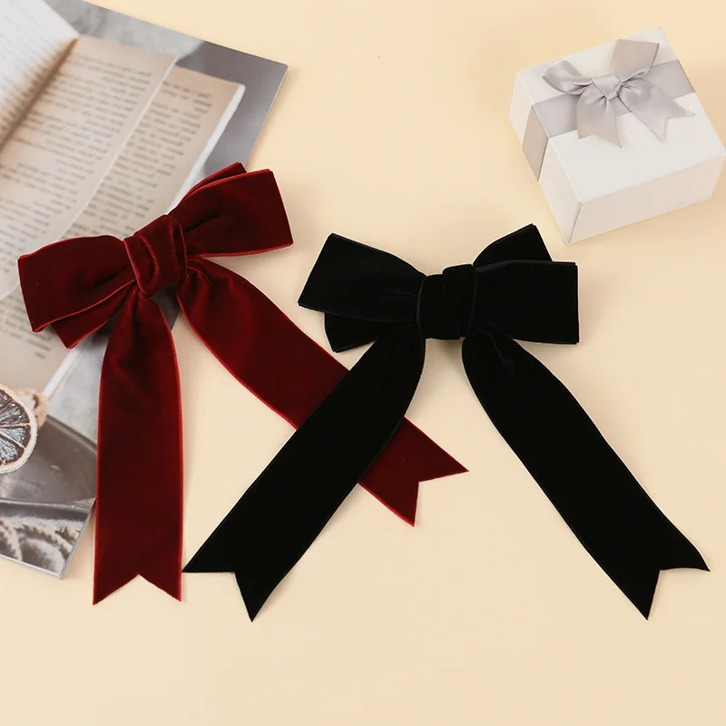 

Vintage Red Black Large Velvet Hair Pins with Long Ribbon Big Bow Barrettes for Party Hair Accessories Birthday Gift Girls Women